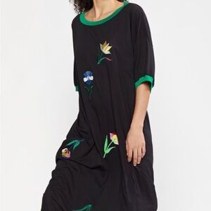 Cynthia Rowley Black & Embroidered Tee Shirt Dress with Green Trim